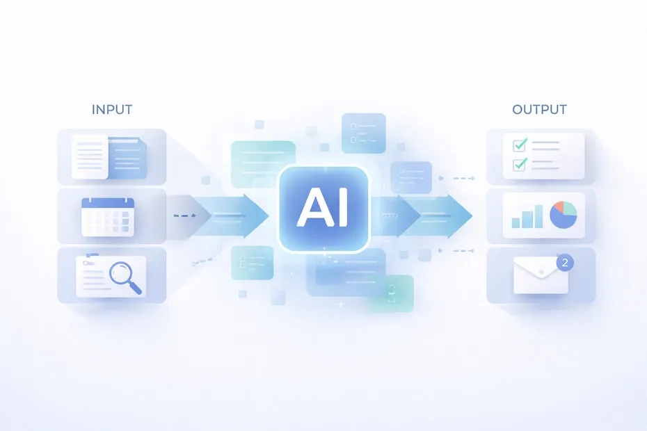 Minimal digital illustration showing an AI-driven workflow transforming inputs into optimized outputs through automation