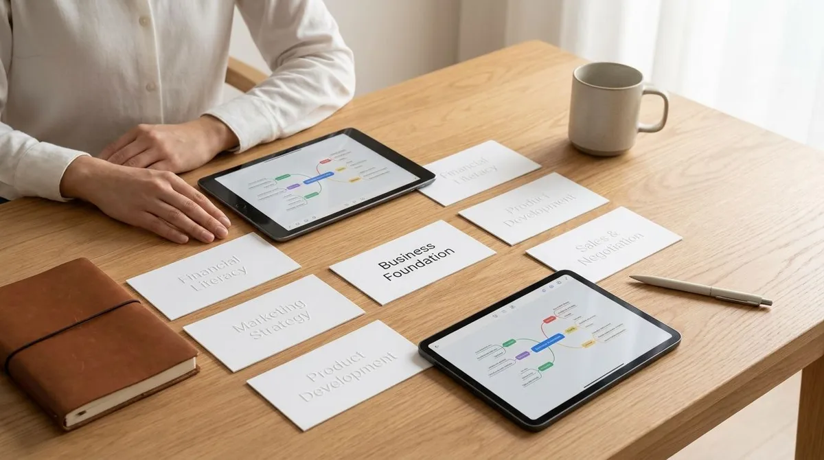 Beginner entrepreneur reviewing key business skills like sales, marketing, pricing, and cash flow at a desk