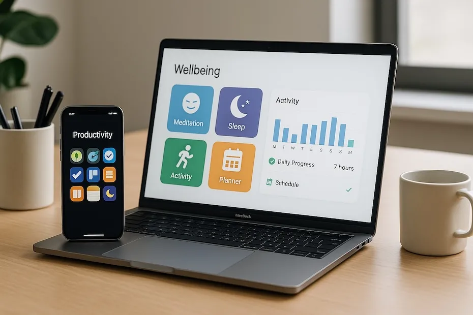 Modern workspace with a smartphone and laptop displaying wellness and productivity applications in a clean office environment.