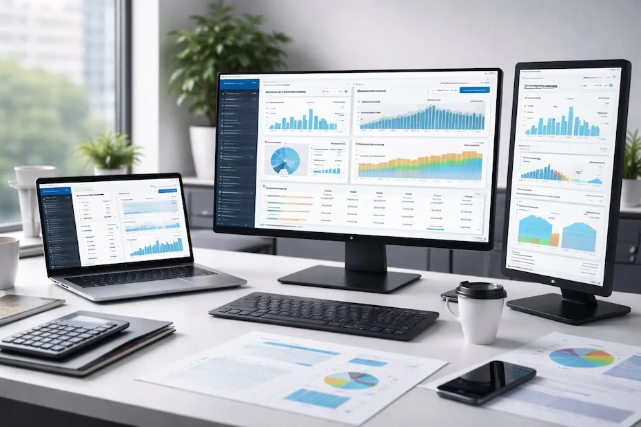 Professional workspace showing automation software dashboards used by a small business owner