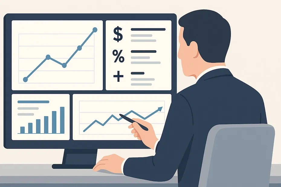 Executive viewing dashboard with financial charts, forecasts, and KPI metrics on a modern analytics platform.