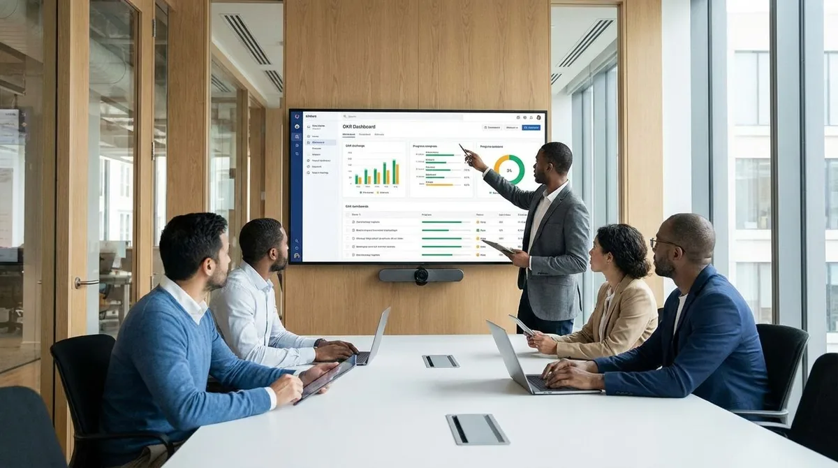 Team leaders reviewing OKR software tools on a shared dashboard to keep departments aligned