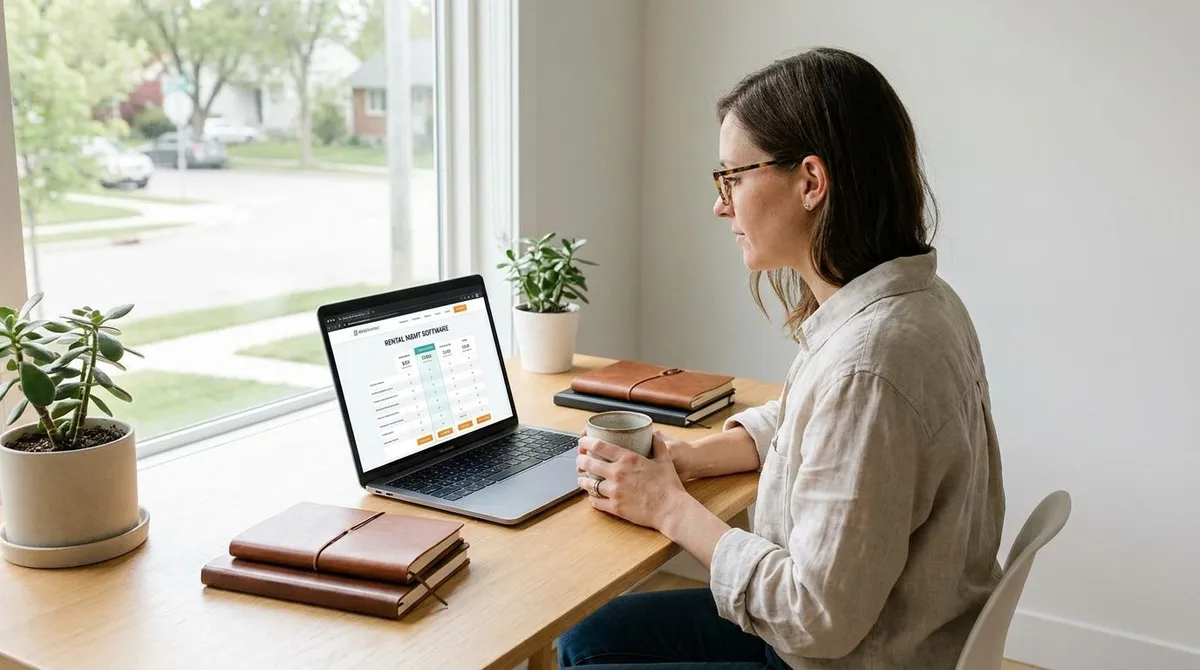 Independent landlord reviewing property management software tools on a laptop at a rental property