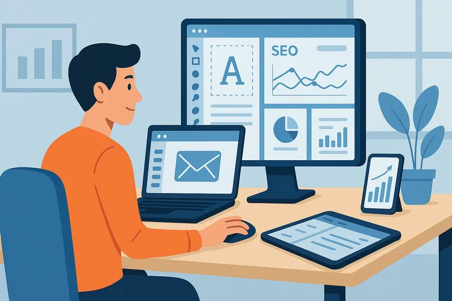 Flat-style illustration of a small business owner using digital marketing tools like email, analytics, and design platforms on multiple screens.
