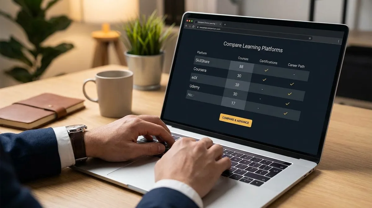 Professional working on a laptop while comparing online learning platforms for career skill development