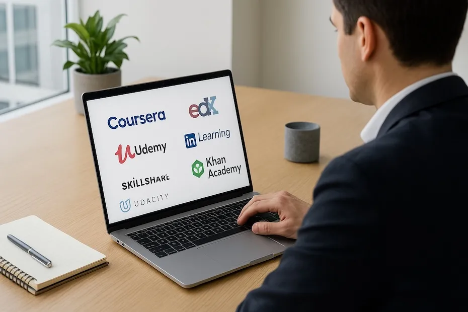 Professional reviewing online learning platforms on a laptop inside a modern workspace.