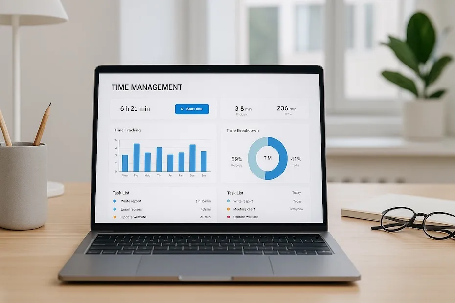 Modern workspace with a laptop showing a time-management dashboard in a clean, realistic office setting