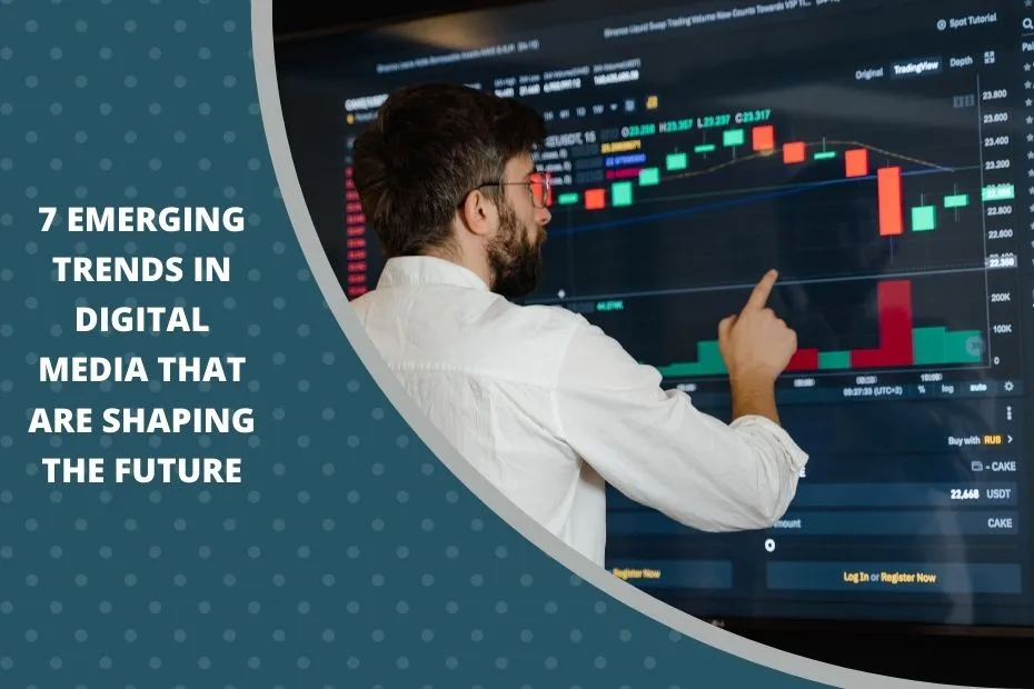 Digital media professionals analyzing trends on a large interactive screen.