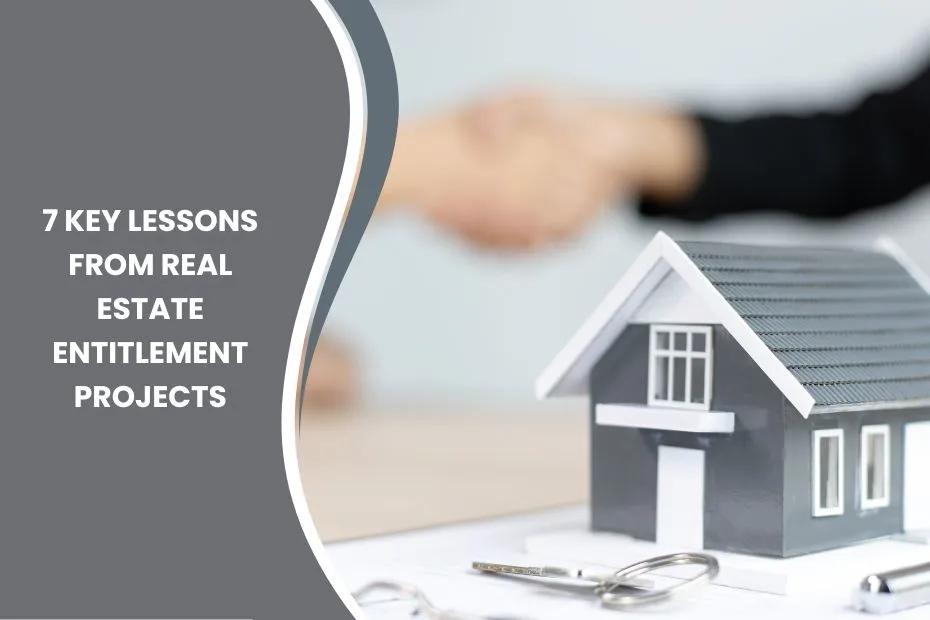 A group of real estate developers reviewing site plans and zoning regulations for an entitlement project