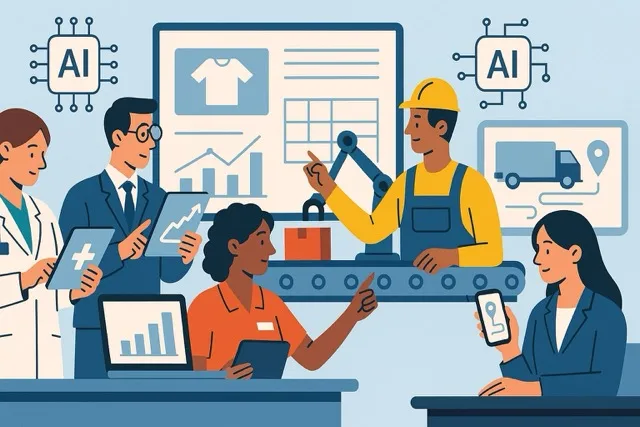 Illustration of professionals in different industries using AI-powered tools in everyday tasks.