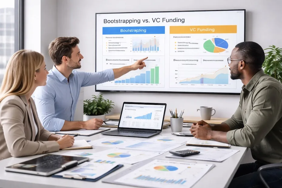 Startup founders reviewing bootstrapping and VC funding strategies