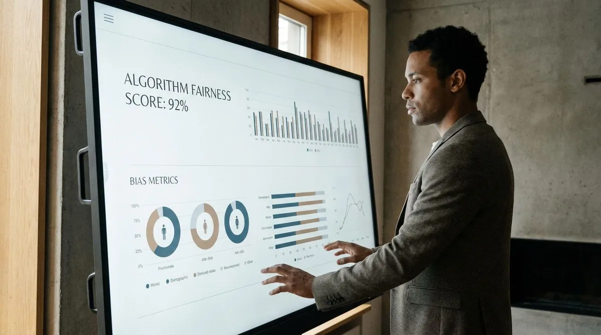 Person studying an AI dashboard on a laptop while algorithm bias and fairness charts appear on screen