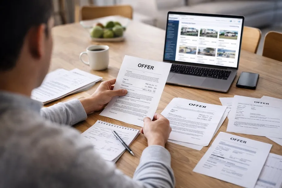 Homebuyer reviewing multiple real estate offer documents while comparing listings on a laptop in a competitive housing market