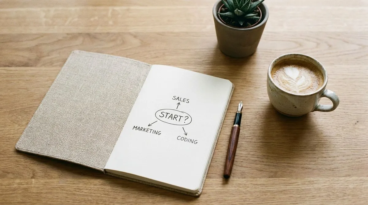 New entrepreneur comparing sales, marketing, and coding priorities on a whiteboard during a startup planning session
