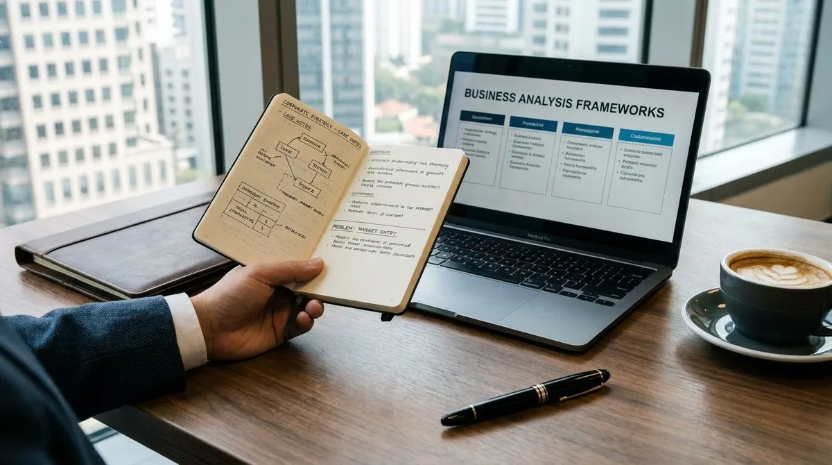 Candidate preparing for a corporate strategy interview with notes and laptop