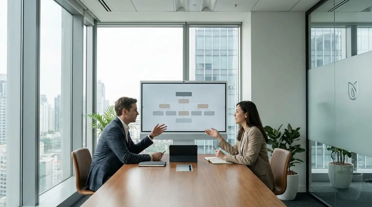 Business executive discussing corporate strategy career progression with a colleague in a modern office.