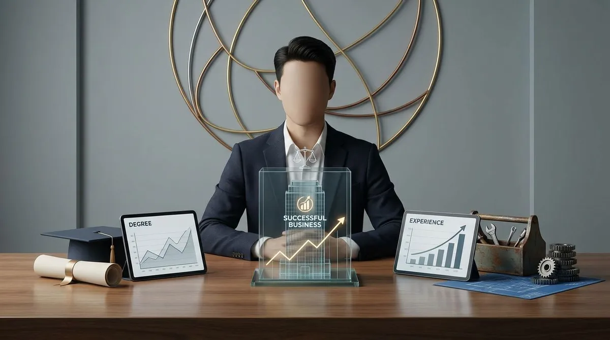 Entrepreneur reviewing business notes at a desk while comparing entrepreneurship degree learning with real-world startup experience