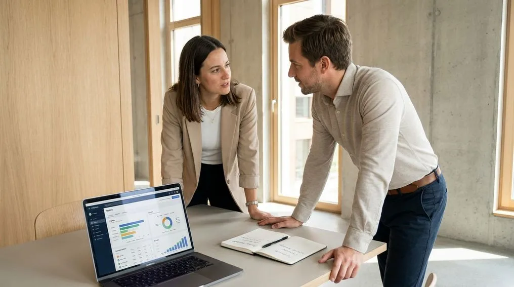 Founder reviewing a sales pipeline with a new sales hire in a startup office