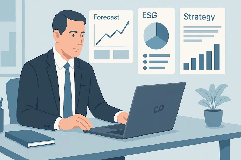 A CFO reviewing digital dashboards with forecasts, ESG data, and financial planning tools at a professional workspace.
