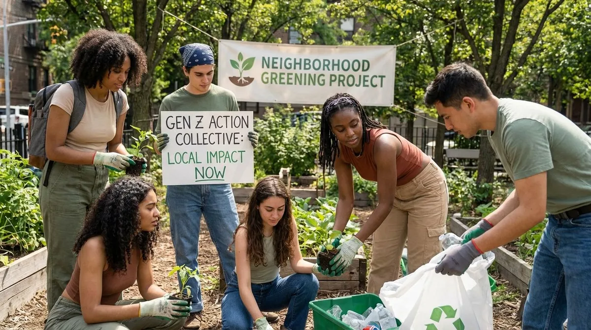Gen Z activists volunteering in a neighborhood cleanup, coordinating tasks and collecting trash bags.