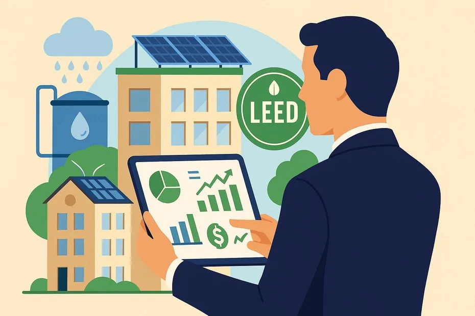 Real estate investor evaluating sustainable green building metrics on a digital dashboard
