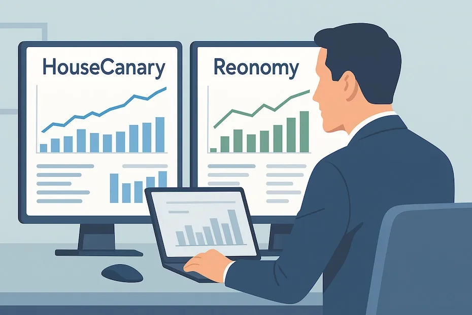 Professional analyzing digital dashboards comparing HouseCanary and Reonomy property valuation trends.