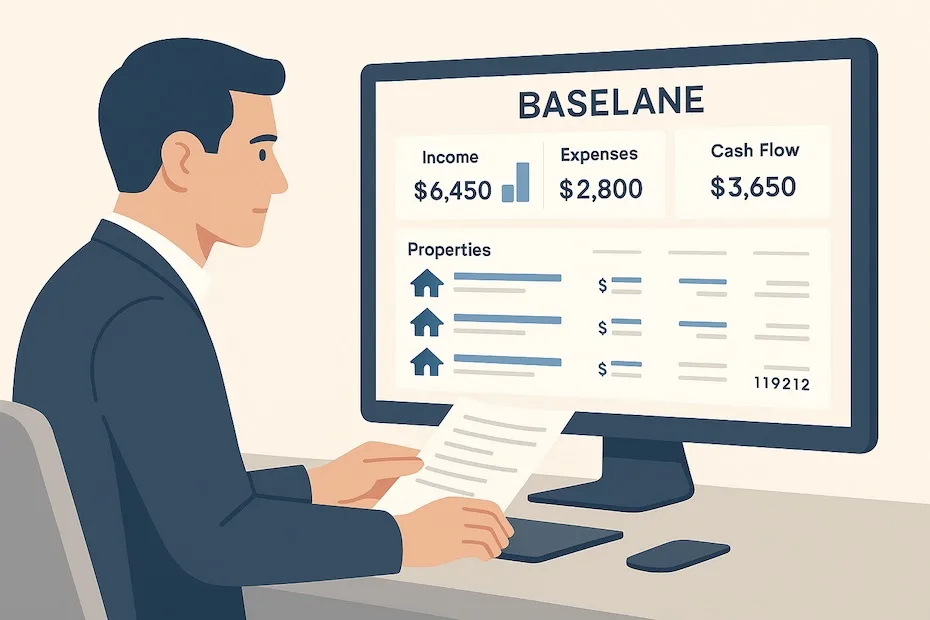 A real estate investor reviewing Baselane’s rental accounting dashboard with property income, expenses, and rent collection metrics on a digital screen.