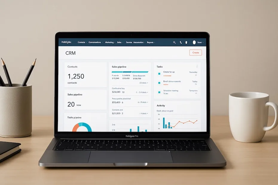 Laptop on a clean desk showing HubSpot CRM dashboard for early-stage entrepreneurs.
