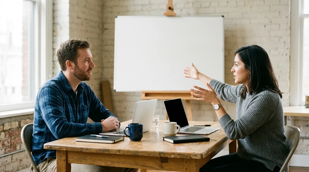 Two technical founders discussing business strategy beside a whiteboard in a bright modern workspace