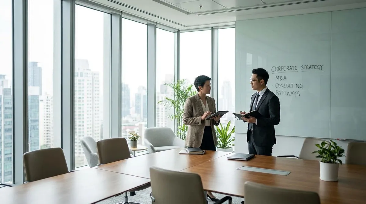 MBA graduate speaking with a strategy manager in a corporate office