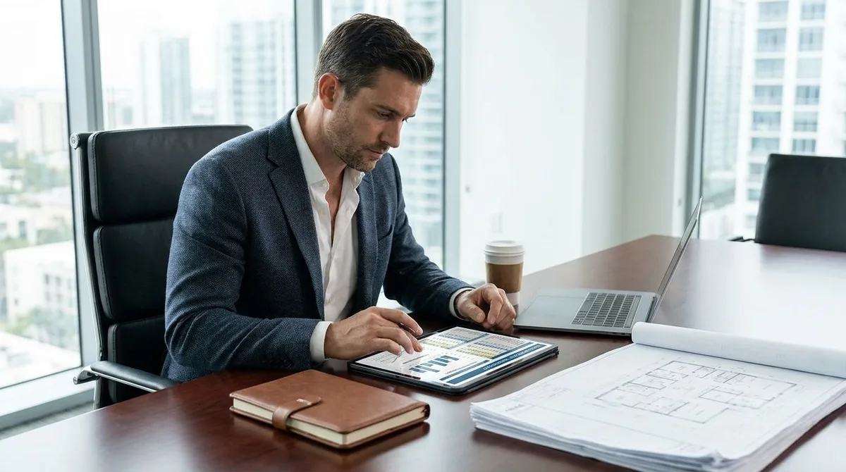 Professional reviewing a real estate financial model and property reports at a desk