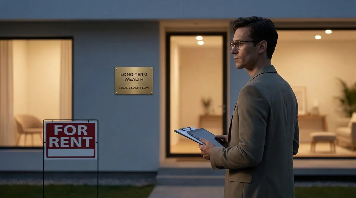 Investor reviewing rental property numbers in front of a small house