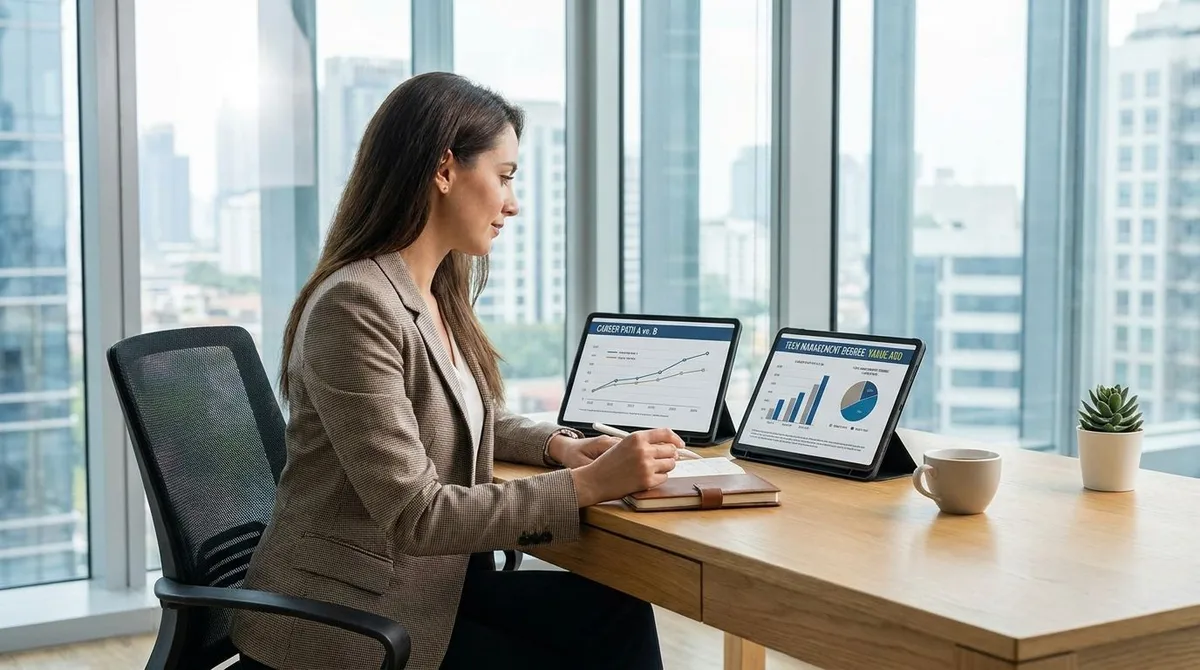 Professional reviewing career options for a technology management degree on a laptop in a modern office