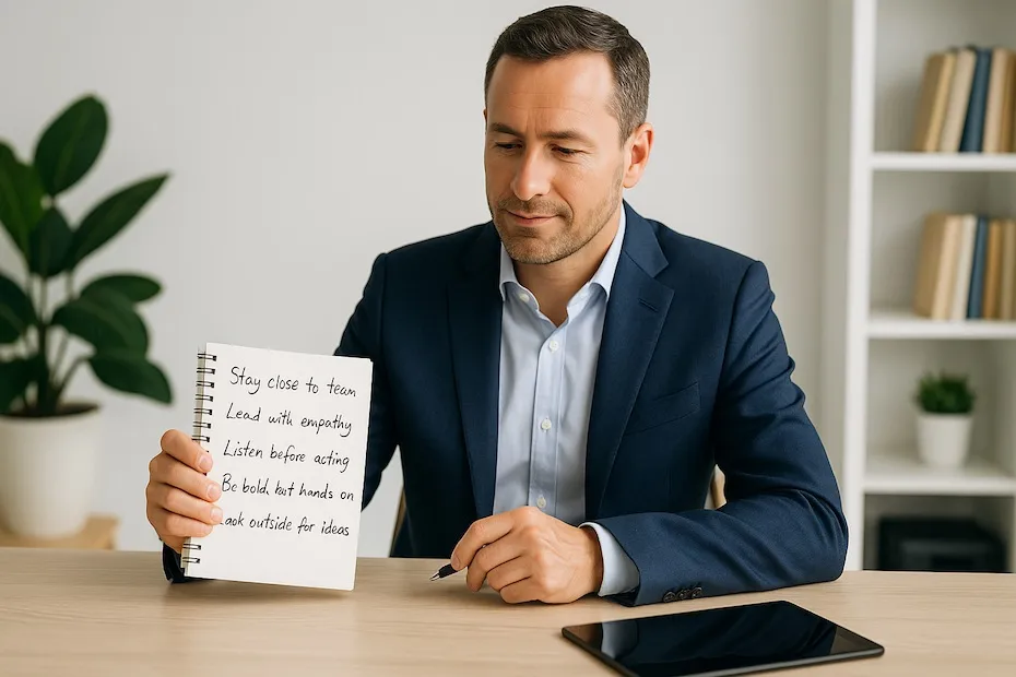 Business professional reviewing leadership strategies at desk