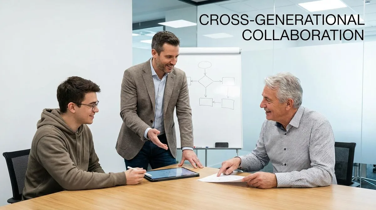 Manager leading a workplace meeting with Gen Z and Baby Boomer employees collaborating across generations