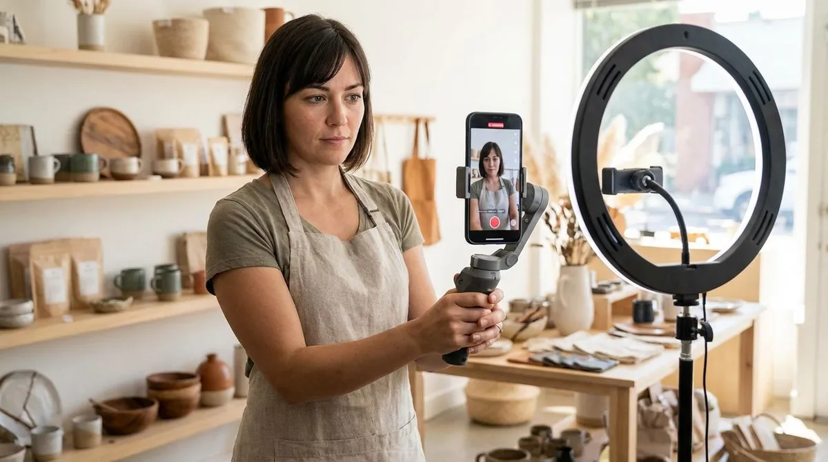 Small business owner filming a TikTok marketing video with a smartphone in a shop