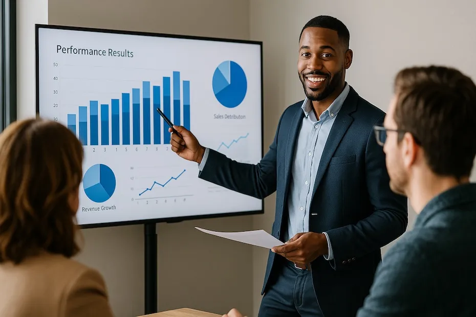 Professional presenting data charts in a team meeting