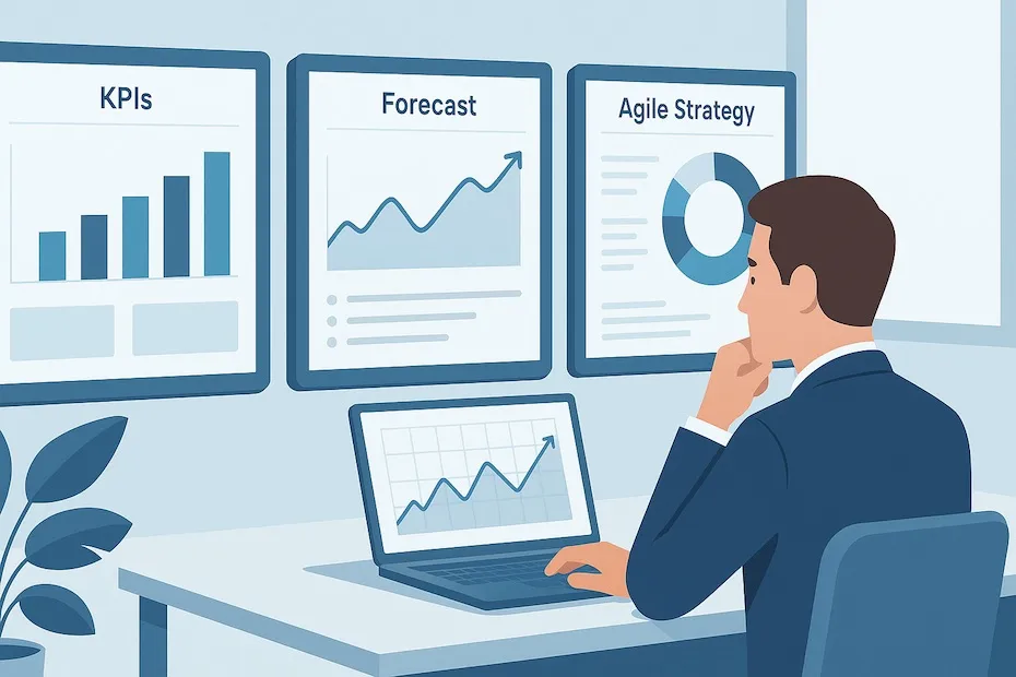 Executive at a workspace reviewing agile dashboards with forecasts and adaptive strategy indicators.