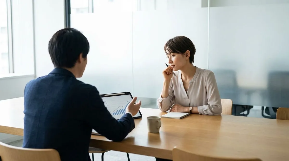 Professional employee sitting across from a manager during a raise conversation in an office