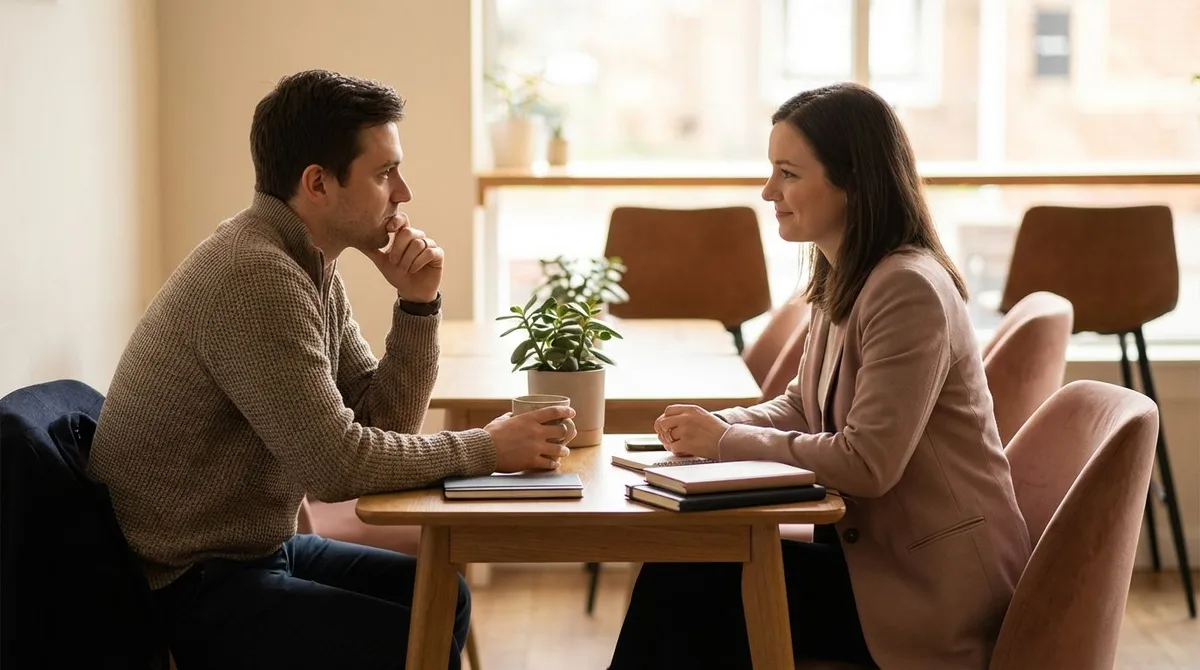 Introverted professional having a calm one-on-one coffee chat to build authentic connections.