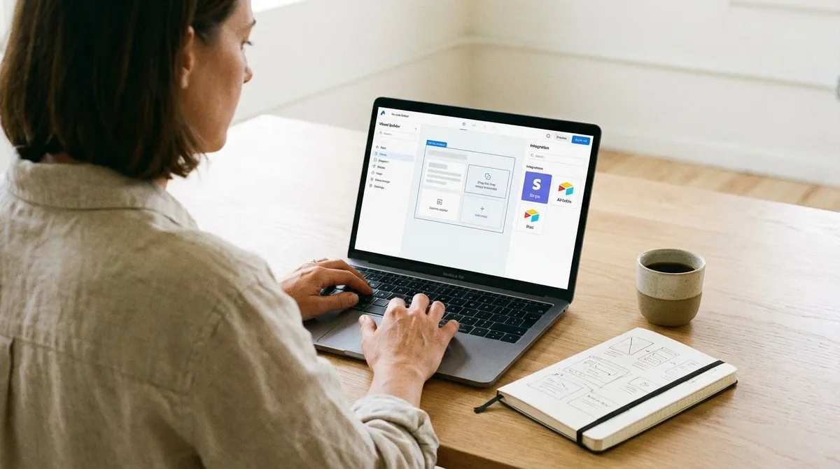Non-technical entrepreneur building a no-code app MVP on a laptop using a visual app builder dashboard