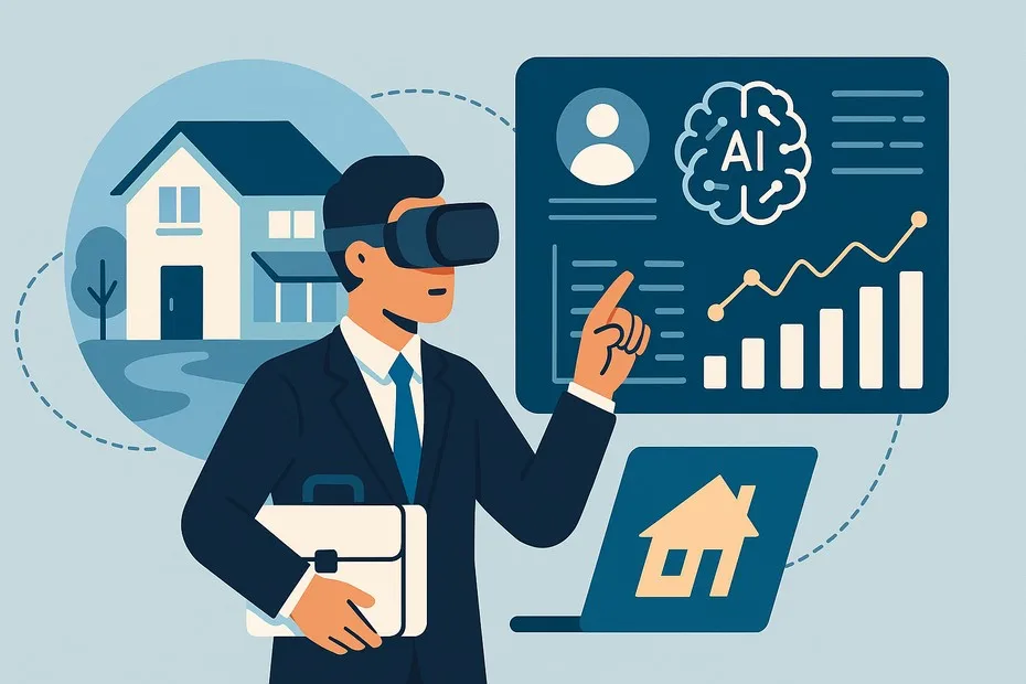 Flat vector illustration of a real estate agent using VR headset and AI dashboard for property tours and client analytics.