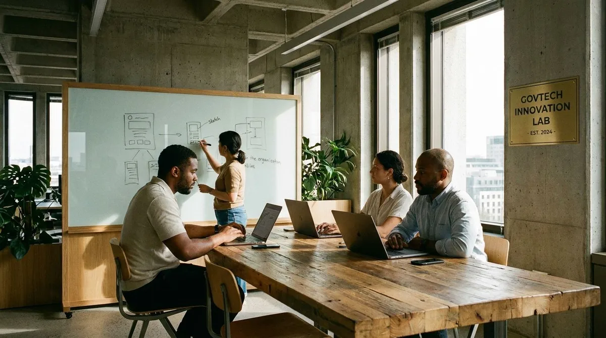A diverse team of public sector tech workers collaborating in a government innovation office