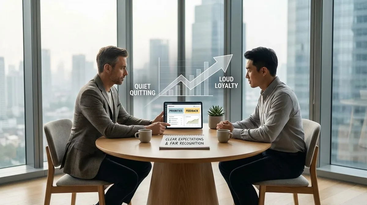 Manager coaching an employee in a one-on-one meeting to rebuild motivation and turn quiet quitting into loud loyalty.