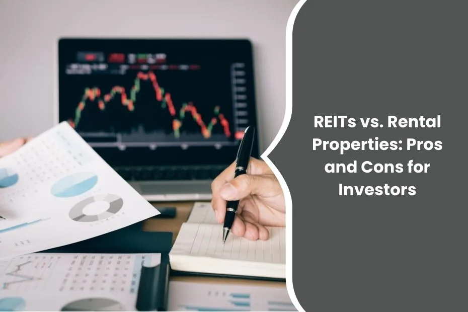 Investor comparing REITs and rental properties on a laptop