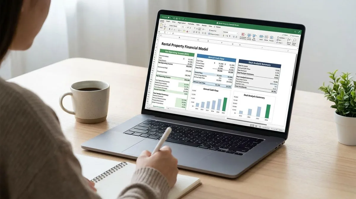 Beginner investor reviewing a real estate financial modeling spreadsheet on a laptop
