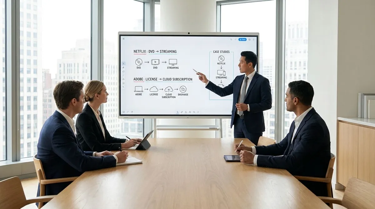 Business leaders reviewing company pivots and strategy changes on a digital screen during a team meeting