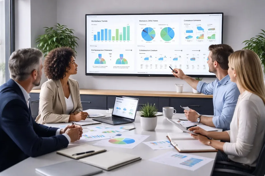 Corporate leaders evaluating remote and office work models during a workplace strategy planning session