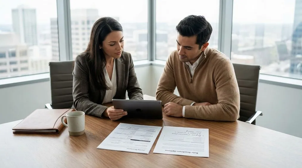 Homebuyer and real estate agent reviewing seller concessions at a kitchen table