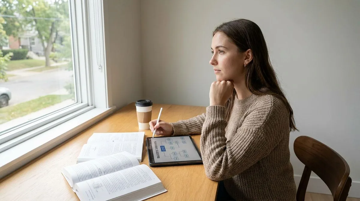 Future real estate agent comparing college and licensing options at a desk